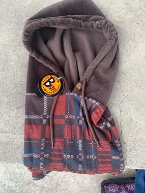 Buff Men's Brown Plaid Face Mask Tube with Red and Blue Accents